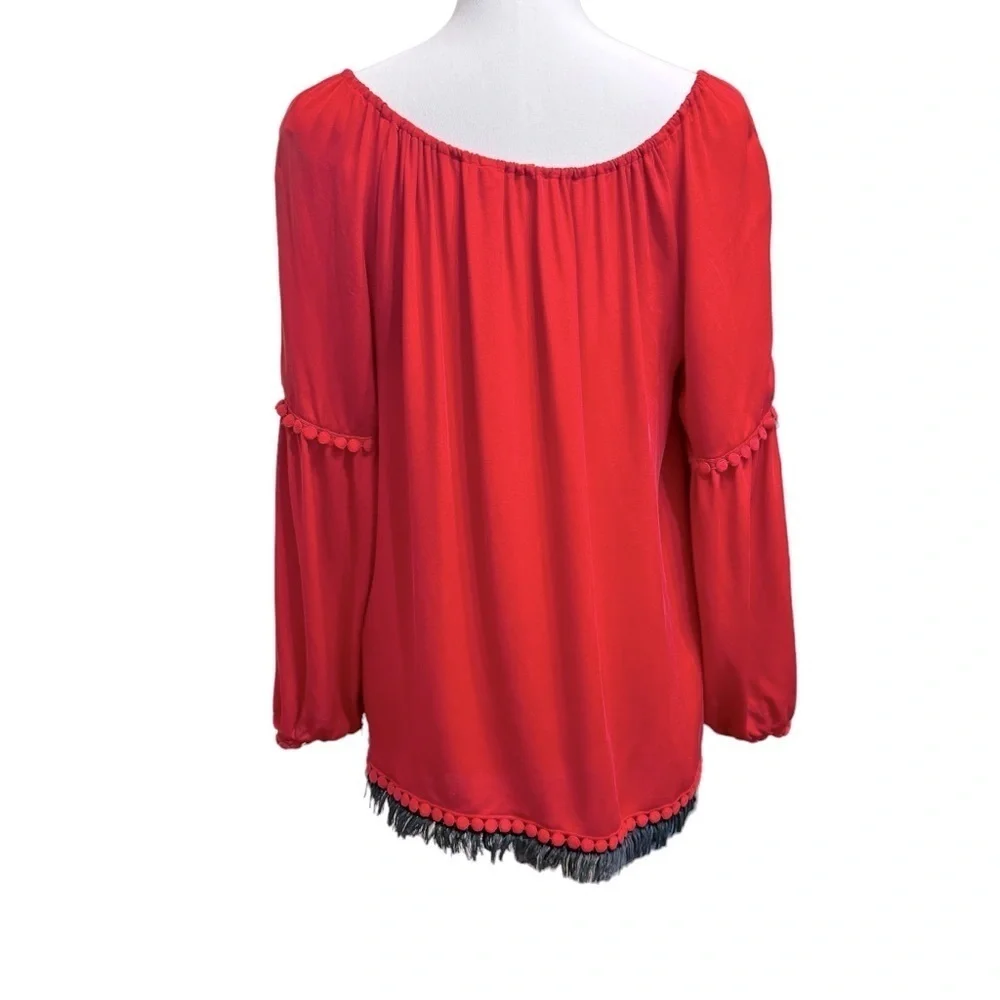 Tory Burch Sylvie blouse Boho /Peasant/Tie Blouse Top‎ RED Fringe Tassel Sz 10